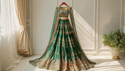 Indian wedding dress. Bridal lehenga. Bollywood green with gold wedding attire on hanger in luxury interior background. Festive traditional outfit. Beautiful ceremony dress. Banner