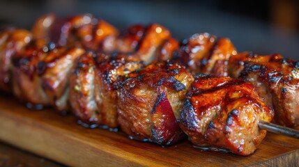 A platter showcases juicy grilled meat skewers glistening with marinade under the sunlight. These skewers are perfect for sharing at a summer barbecue, highlighting community and culinary joy