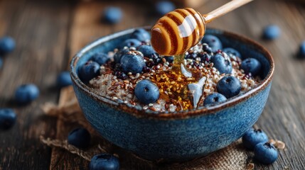 Oatmeal is served in a rustic bowl, drizzled with honey and garnished with fresh blueberries. The setting features a wooden table and linen cloth, creating a cozy atmosphere
