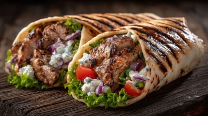A colorful display of grilled wraps showcases marinated meat, crisp lettuce, diced tomatoes, and onions