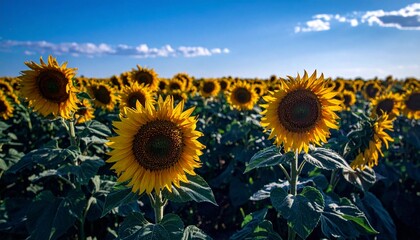 Fototapeta premium Sunny Field of Vibrant Yellow Sunflowers Under a Clear Blue Sky