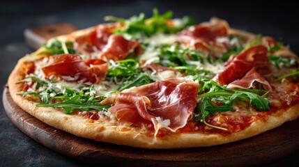 A mouthwatering pizza features a light crust adorned with savory prosciutto and vibrant arugula. The appetizing toppings rest on a rich tomato sauce and melted cheese at a charming eatery