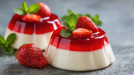 Two exquisite dessert cups feature smooth panna cotta topped with vibrant red raspberry sauce and garnished with fresh strawberries and mint leaves, creating a visually appealing treat