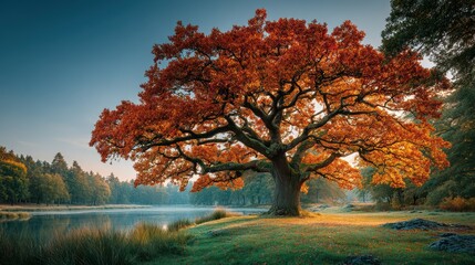 Fototapeta premium Vibrant autumn colors shining through an oak tree by a serene lake at dusk in a tranquil forest setting