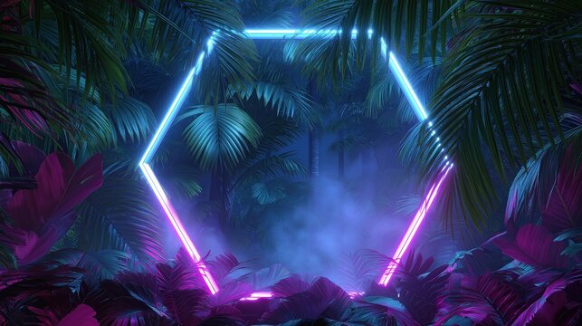 Neon hexagon shape glowing in a tropical jungle at night in 80s synthwave style - Powered by Adobe