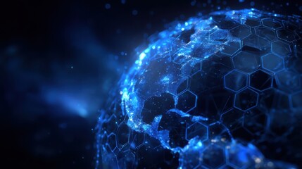 A detailed depiction of a digital globe features hexagonal patterns illuminated by blue light. The vibrant design highlights data connections across geographic regions in a dark atmosphere
