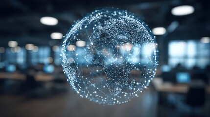 A glowing globe made of interconnected lines and dots hovers in an expansive office space filled with computer stations. This representation symbolizes global connectivity