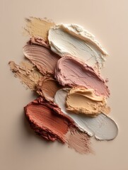 Various shades of creamy cosmetic products are artistically arranged on a neutral surface, showcasing rich textures and colors that blend beautifully together