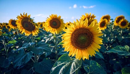 Fototapeta premium Sunny Field of Vibrant Yellow Sunflowers Under a Clear Blue Sky