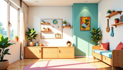 Bright colorful kids playroom home design with modern minimalist style. Concept of kids playroom home design featuring cozy interior, playful decor, and warm sunlight.