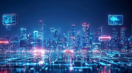 Obraz premium Glowing futuristic skyline with holograms and floating vehicles neon lights reflecting off metallic surfaces cinematic high tech metropolis