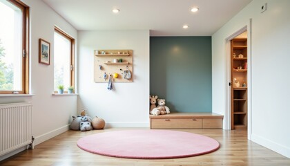 Brightly lit kids playroom home design with pink rug, wooden bench, shelves of toys, light green walls, radiating warmth. Concept of kids playroom home design focuses on playful, modern interior.