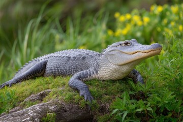 Obraz premium Alligator on a mossy log surrounded by green plants yellow flowers