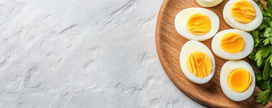 Halved hard boiled eggs on wooden plate overhead view