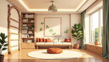 Kids playroom home design with cozy elements, wooden floor, bright colors, playful decor, inviting atmosphere. Concept of kids playroom home design combining fun and warmth. 