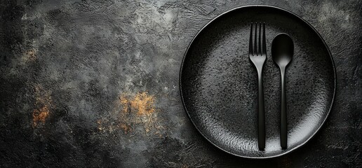 Dark, matte black plate with fork and spoon on a textured gray surface