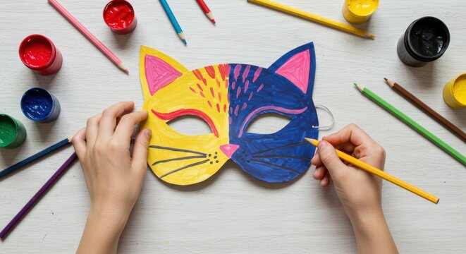 Child's hands drawing on paper cut out cat mask in bright colors. Kids and crafts, fun hobby, festivals and carnivals at school, kids impersonating animals