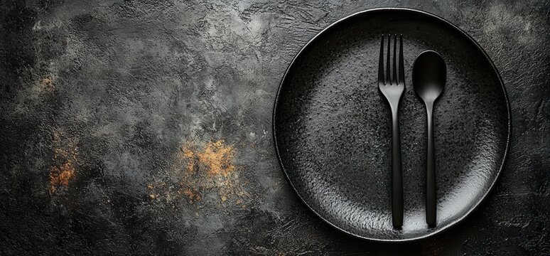 Dark, matte black plate with fork and spoon on a textured gray surface