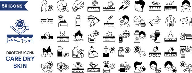 Care dry skin icon set in duotone style. Containing vitamin E, olive oil, sunscreen, collagen, serum drop and more. Vector illustration