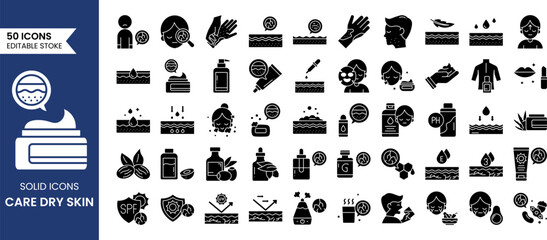 Care dry skin icon set in solid style. Containing vitamin E, olive oil, sunscreen, collagen, serum drop and more. Vector illustration