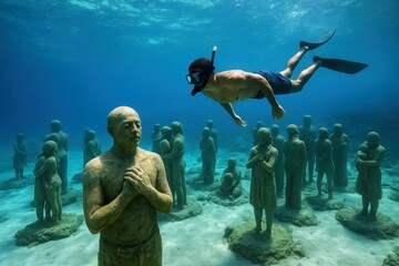 Tourist snorkeling over underwater statues in Cancun, Mexico