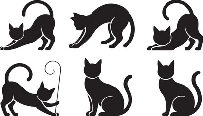 Six black cat silhouettes in various poses