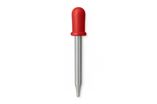 Realistic red pipette dropping liquid, floating over transparent surface, representing precise scientific measurement in medical research