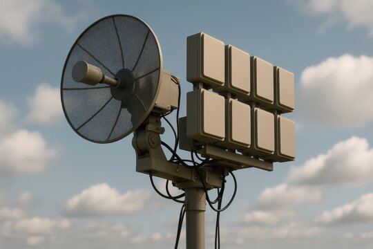 Military radar system scanning the sky for drones and aircrafts