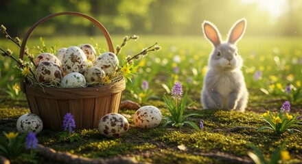 Grey Bunny with Easter Eggs in Spring Meadow