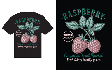 Organic raspberry fruit market t shirt design featuring fresh and juicy locally grown raspberries.