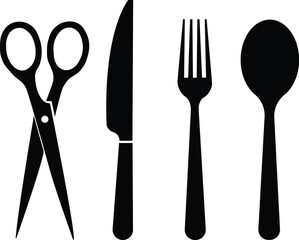 Scissors knife fork spoon black silhouettes