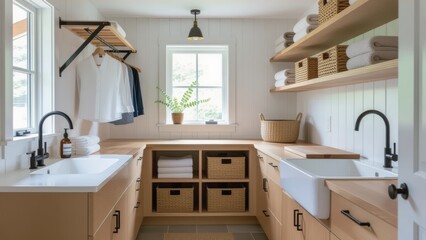 Modern minimalist laundry room design ideas featuring wooden cabinets, white sinks, shelves with folded towels. Concept of warm, inviting laundry room design ideas with bright, airy space.