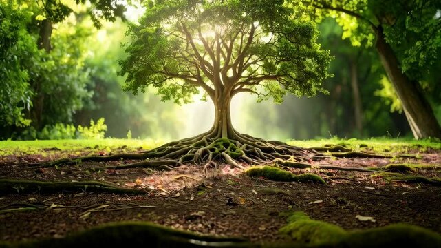 Mature tree with exposed roots, green leaves and sunlight peeking through foliage in a forest setting.