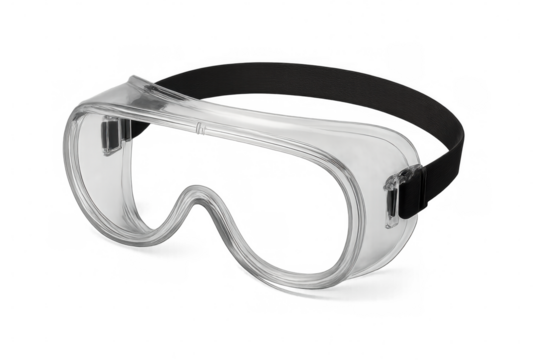 Close-up safety goggles with adjustable black strap, protecting eyes during industrial or laboratory work, transparent background