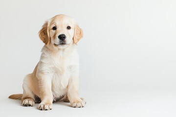 A cute golden retriever puppy sits calmly against a plain white background, looking directly at the camera with an innocent expression.