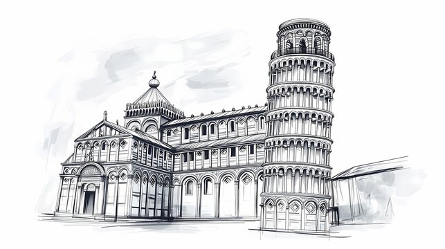 Architectural sketch of a cathedral and tower.