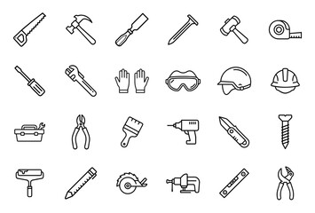 Line art construction tools icons in monochrome style  