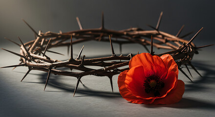 Crown of Thorns: A poignant and evocative depiction of a crown of thorns, adorned with a single, vibrant red poppy, symbolizing sacrifice and remembrance.