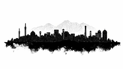 Obraz premium Monochrome cityscape silhouette of a historical city with mountains.
