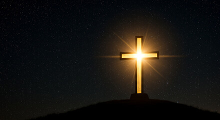 Radiant Faith: A symbolic cross illuminated against a dark night sky. The cross radiates hope and faith, evoking a sense of reverence and spiritual connection.