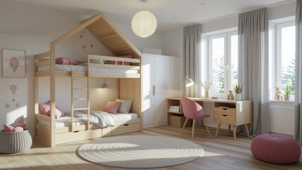 Modern minimalist kids room with wooden bunk bed, desk, pink accents, and cozy atmosphere. Concept of kids room interior design trends focuses on functional design ideas.