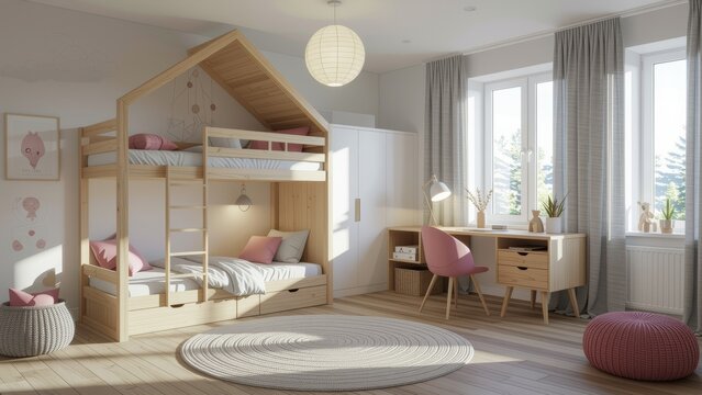 Modern minimalist kids room with wooden bunk bed, desk, pink accents, and cozy atmosphere. Concept of kids room interior design trends focuses on functional design ideas.