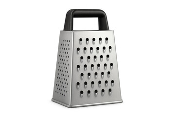 Metal kitchen grater with sharp perforations, black ergonomic handle, positioned vertically for efficient food preparation and grating