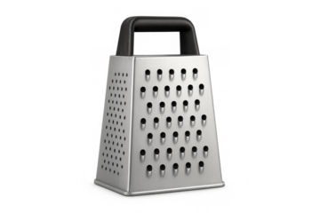Metal kitchen grater with sharp perforations, black ergonomic handle, positioned vertically for efficient food preparation and grating