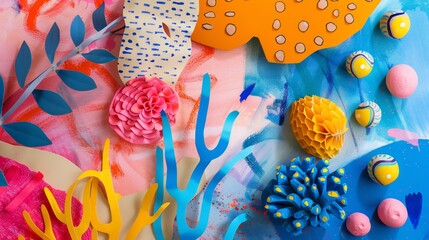 Vibrant abstract collage of sculpted paper shapes, vibrant colors, and textured patterns