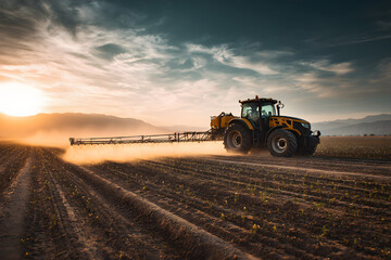 Fototapeta premium Modern Tractor Spraying Crops at Sunset Agricultural Technology
