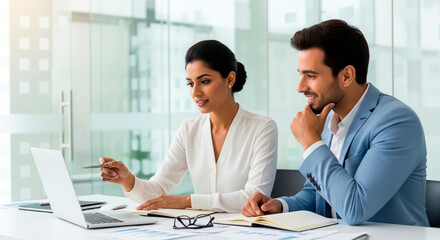 Fototapeta premium A woman in a white blouse gestures to a laptop screen with a pen while a man in a light blue jacket looks on with interest.