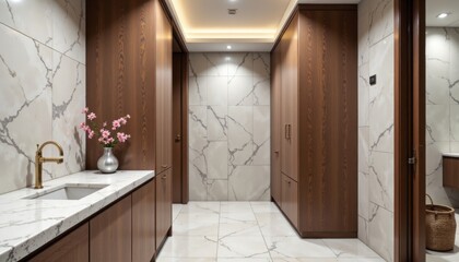 Laundry room design ideas featuring minimalist cabinets with marble finishes, elegant lighting. Concept of laundry room design ideas showcases modern interior elegance and functionality.