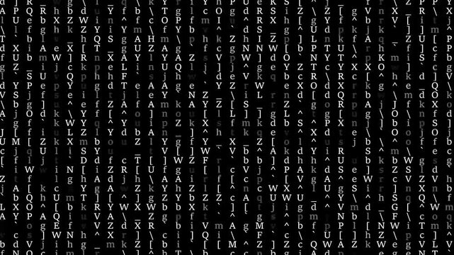 Abstract Matrix Motion Background. Encryption and digital security concept, flickering digital symbols. Cyber hacker attack data secure graphic user interface.