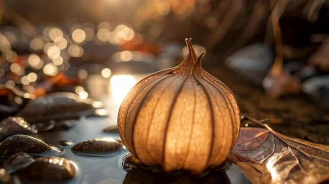 A delicate physalis lantern reflecting in shallow water surrounded by pebbles and autumn leaves, illuminated by warm sunlight.